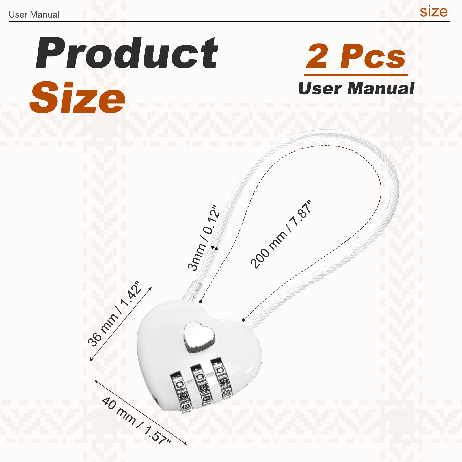 Combination Padlock (7.9 Inch, White)(2 Pcs), 3-Digit Heart Shaped Combo Padlock