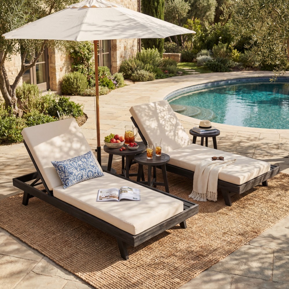 Outdoor Adjustable Sun Lounger w/ Cushion, Acacia Recliner Chair