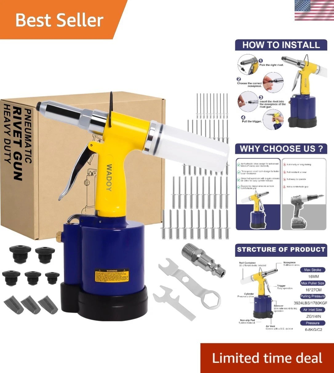 Professional 3924 LBF Air Rivet Gun Kit - 5 Interchangeable Nosepieces & Rivets