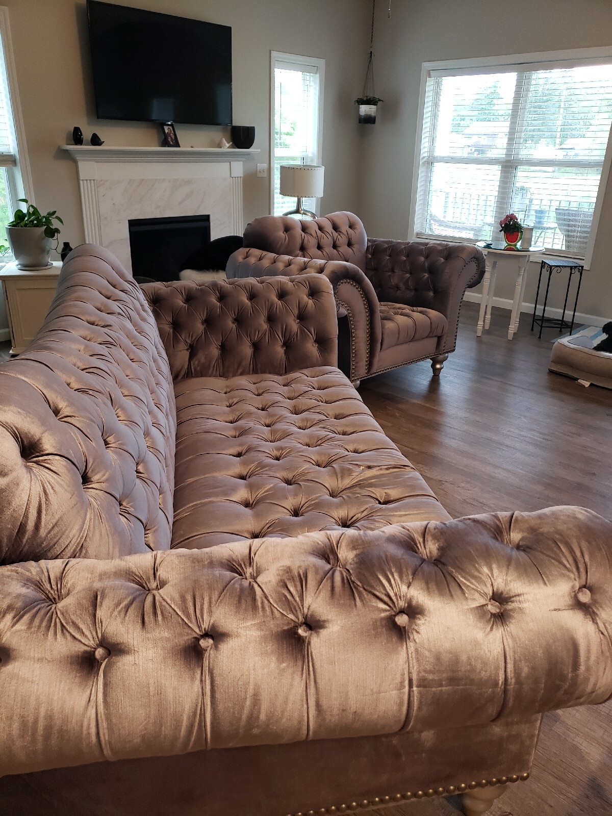 gray velvet tufted sofa And Matching Chair