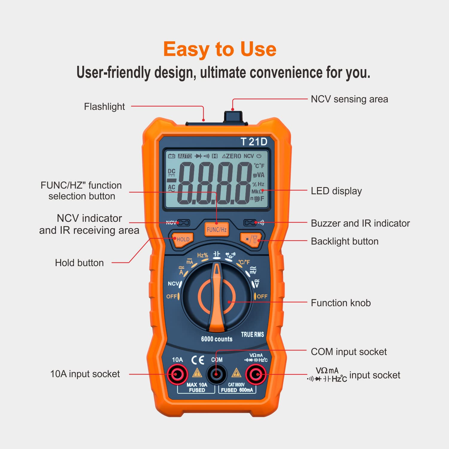 Auto-Ranging Digital Multimeter, TRMS 6000 Counts AC DC Voltmeter Ohm Volt Amp M