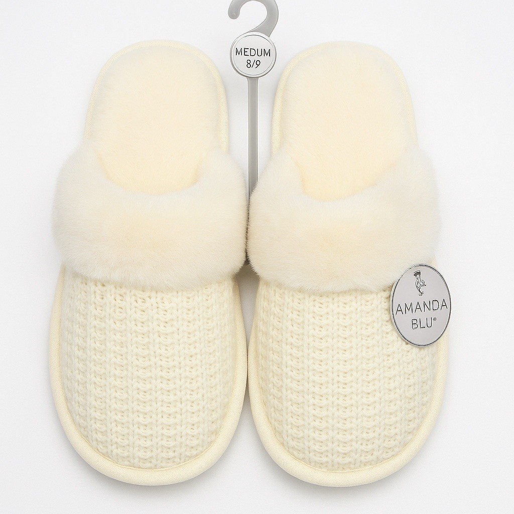 Amanda Blu Ivory Knit Slippers Faux Fur Trim Size Medium 8/9 US Women’s NWT