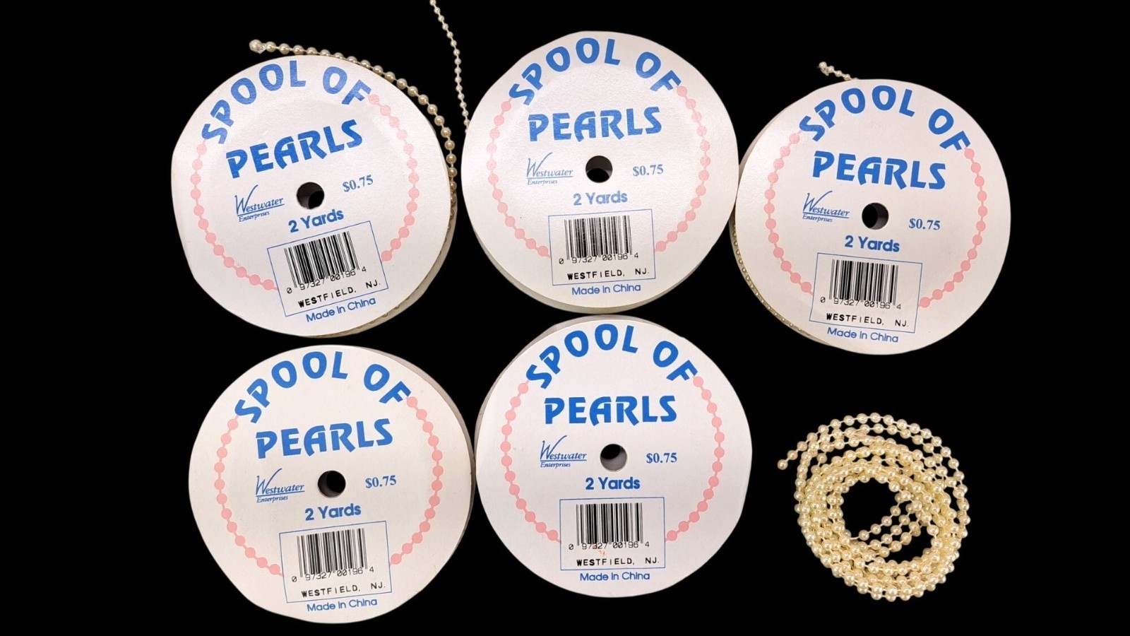 Vintage Spool Of Pearls Lot of 5 Plus Extra Strand Dolls Sewing Crafts Westwater