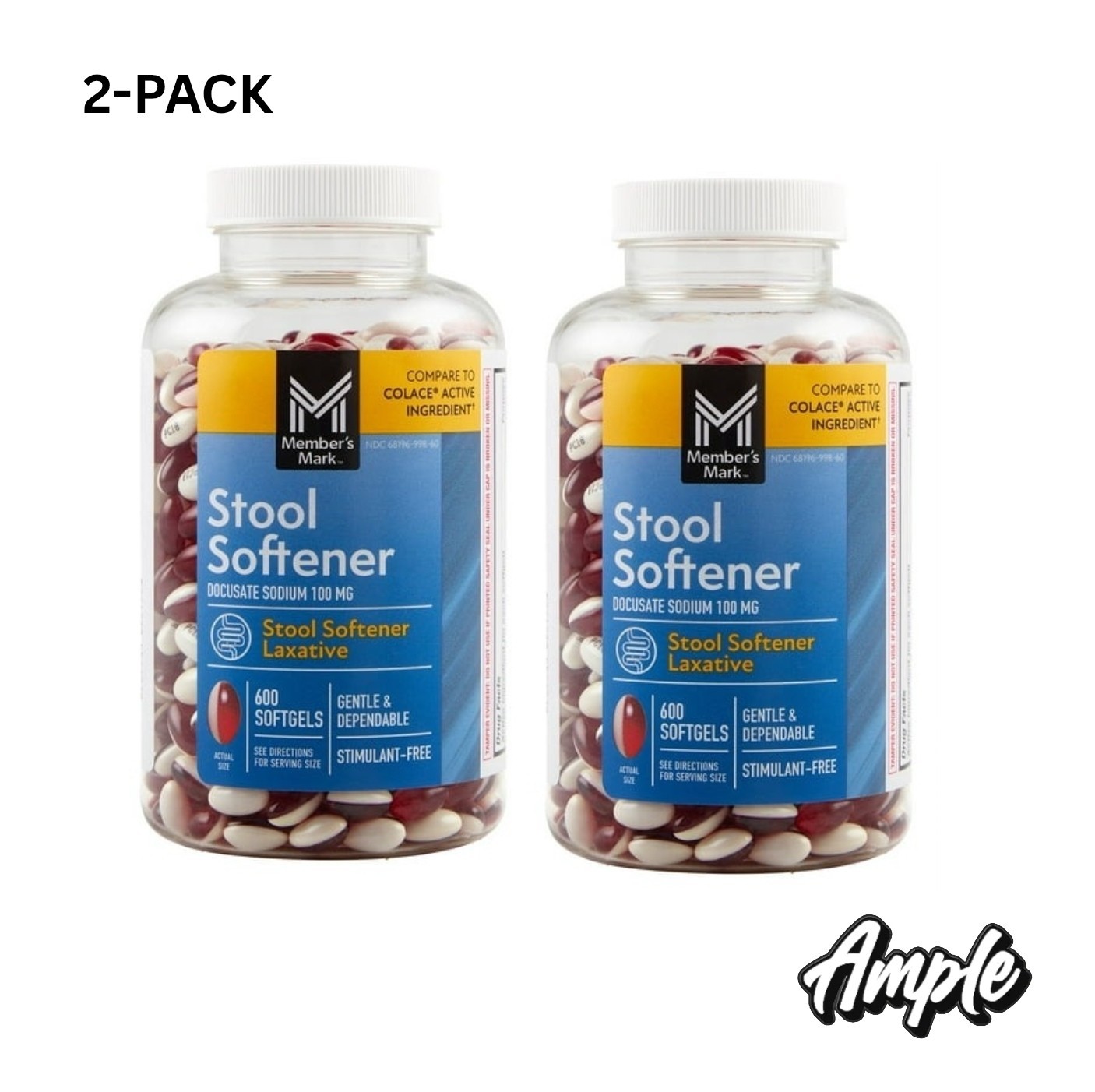 2-Pack 600ct Members Mark STOOL SOFTENER, 100mg EXP 10/28 Sealed Damaged Bottle
