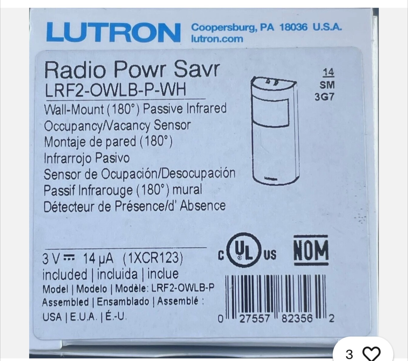Lutron LRF2-OWLB-P-WH Passive Infrared Wall-Mount Occupancy/Vacancy Sensor White