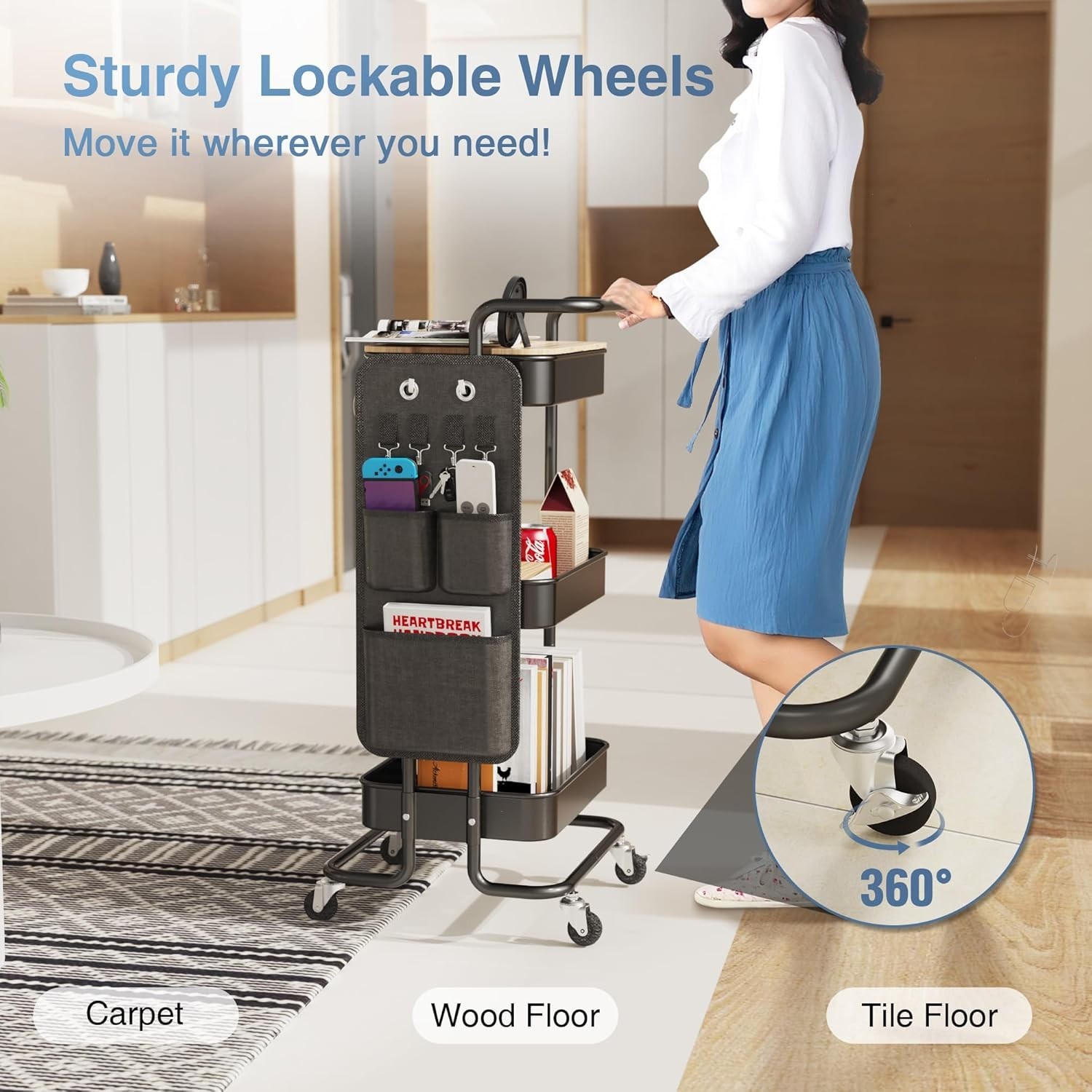 Versatile 3 Tier Metal Utility Rolling Cart with Locking Wheels - Black Finish