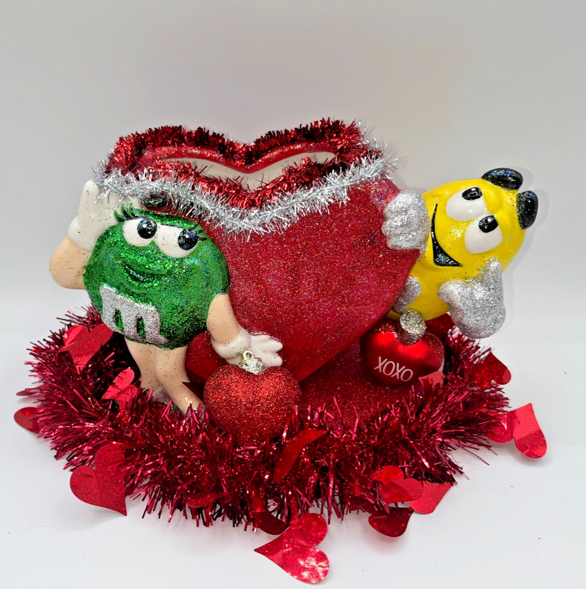 M&M Red Glitter Heart Planter Utensils Caddy Yellow Green Candies Valentine OOAK