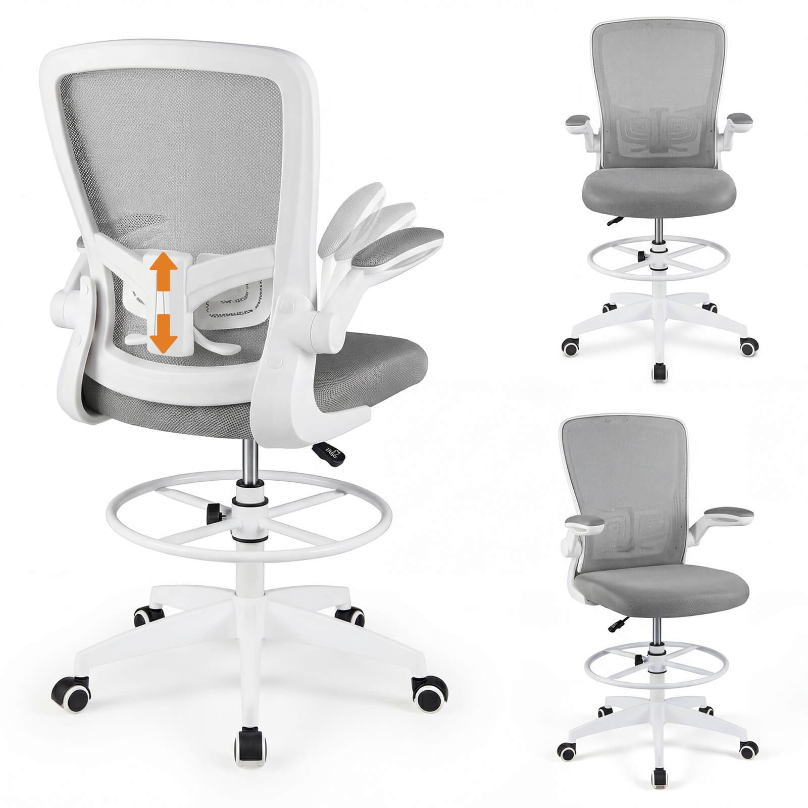 Home Office Drafting Chair w/Flip-Up Armrests Adjustable Footrest Ring for Study