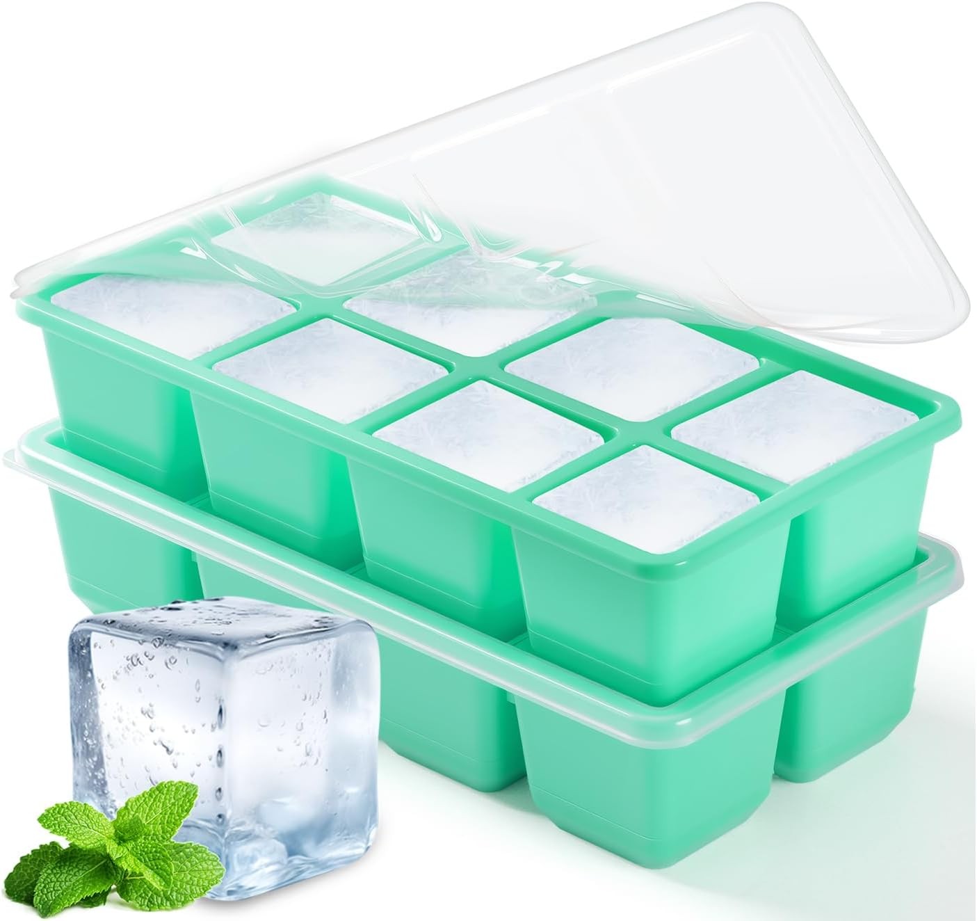 Large Ice Cube Trays, JRISBO 2 Pack Reusable Silicone Ice Cube Molds with Lid fo
