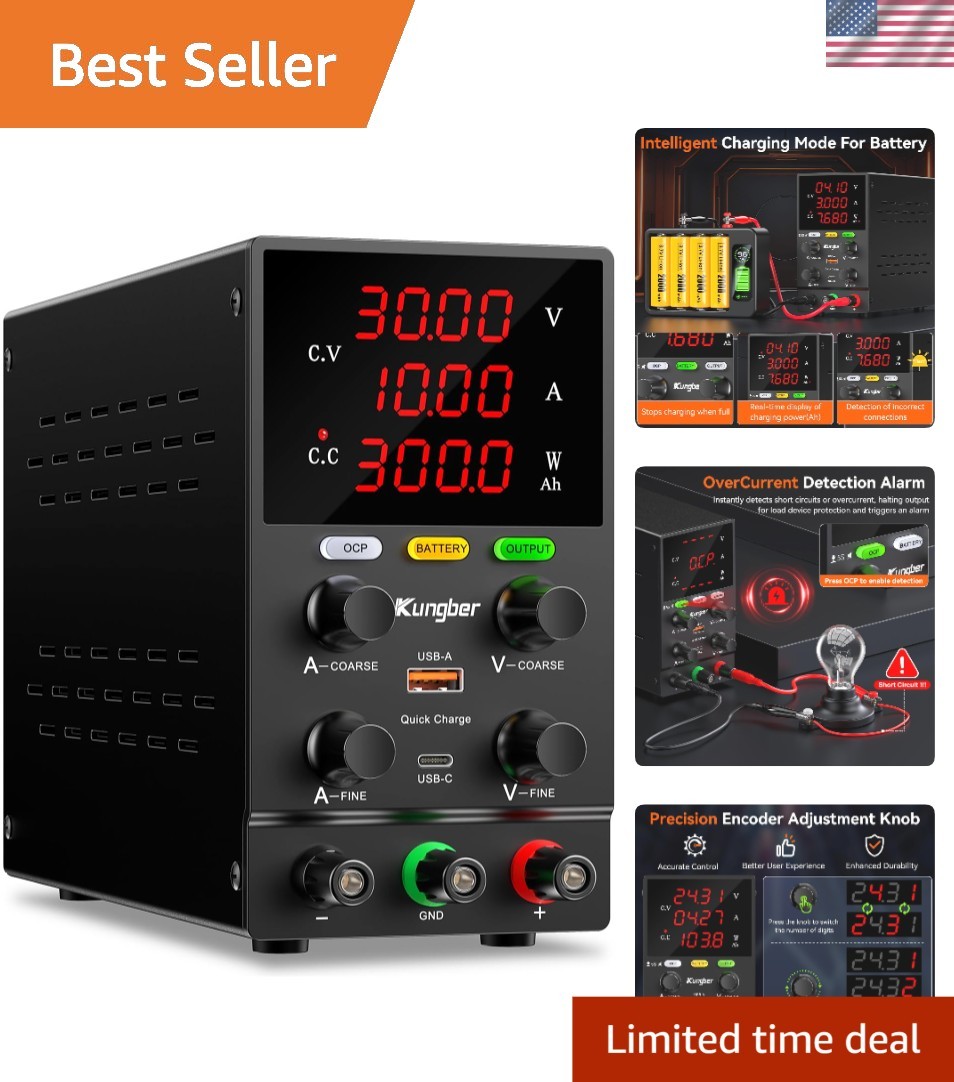 Versatile 30V 10A DC Bench Power Supply with 18W USB Interface & Safety Features
