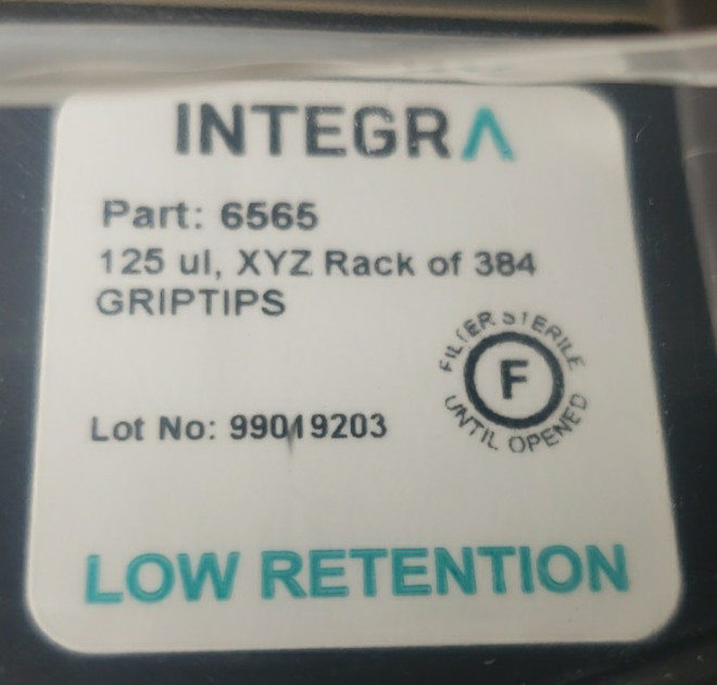 Integra GripTips 125 μL 6565 1 XYZ Rack Of 384 Sterile Filter Tips, Low Retentio