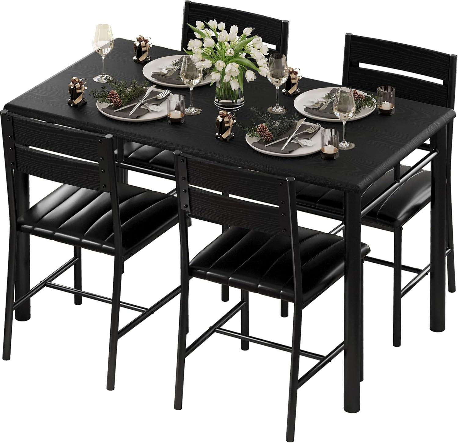 Dining Table Set 4 Wood Kitchen Table W/ Upholstered Chairs Kitchen Room & Small