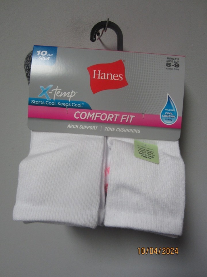 Hanes Women's 10-Pair Crew X-Temp White Socks Shoe Size 5-9