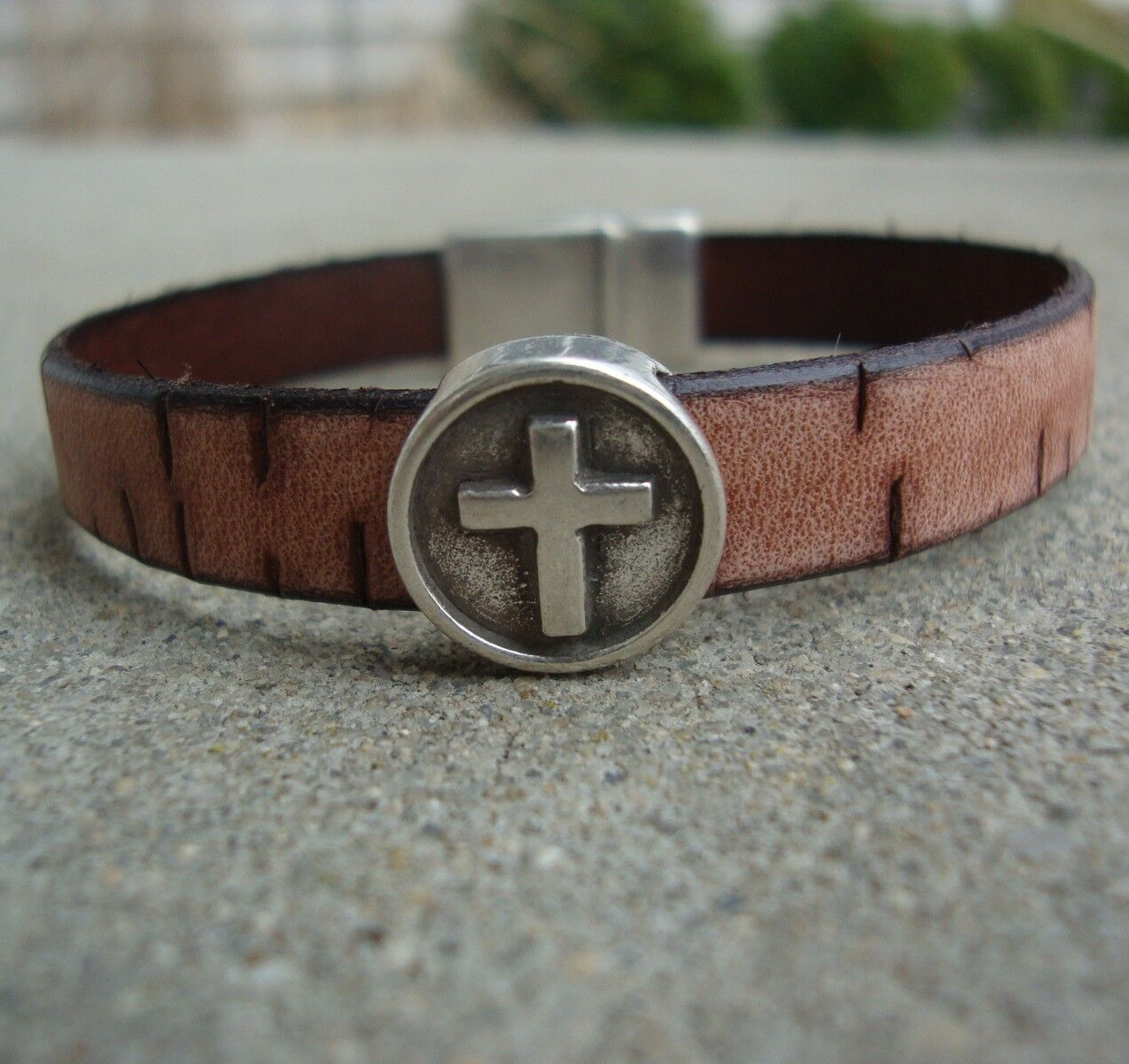 Men's Brown Leather Bracelets Antique Sterling Silver Cross Bead Wristband