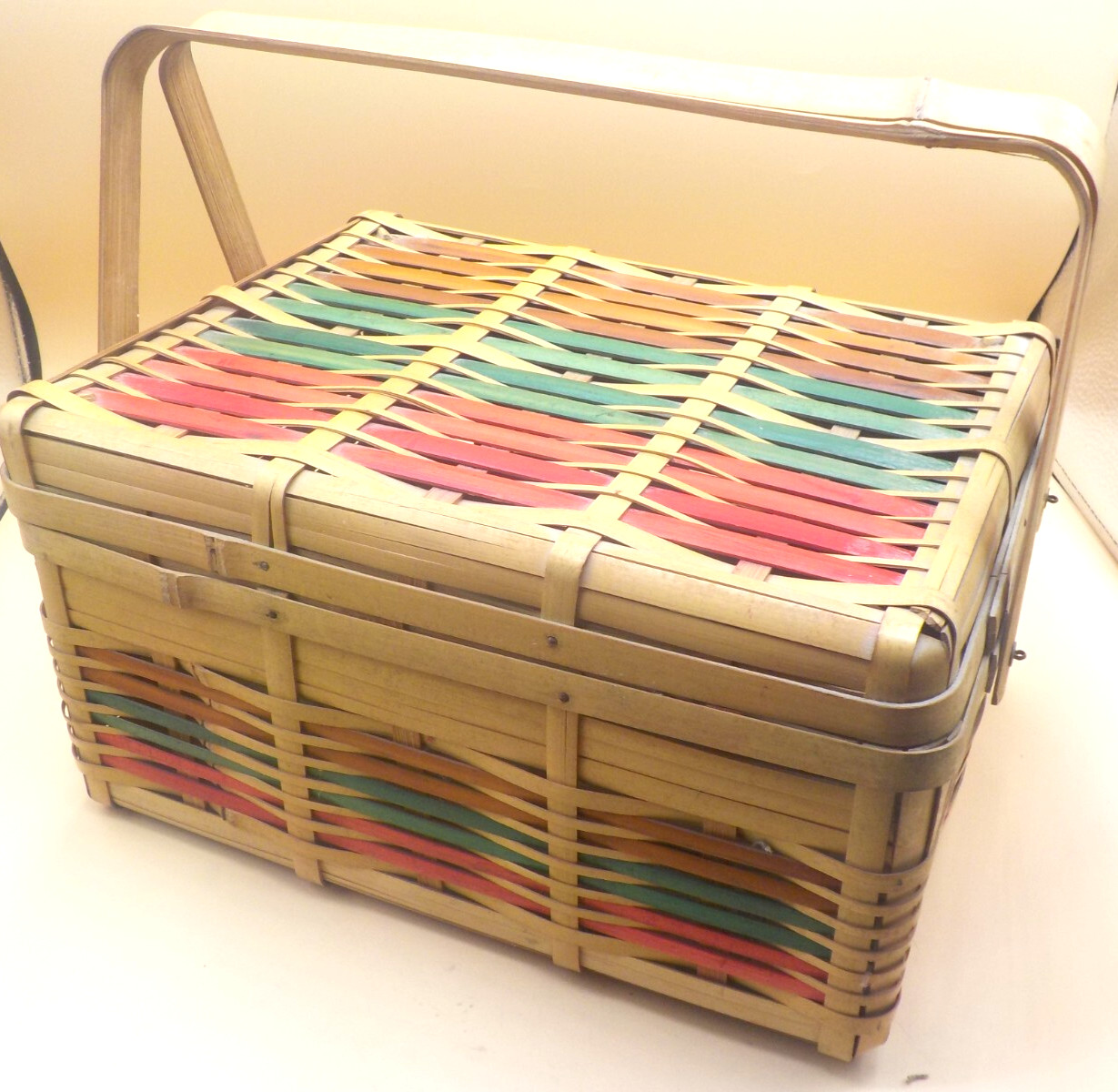 Basket Vtg Lidded Hinged Japan Rectangle With Handles natural & Colored Strands