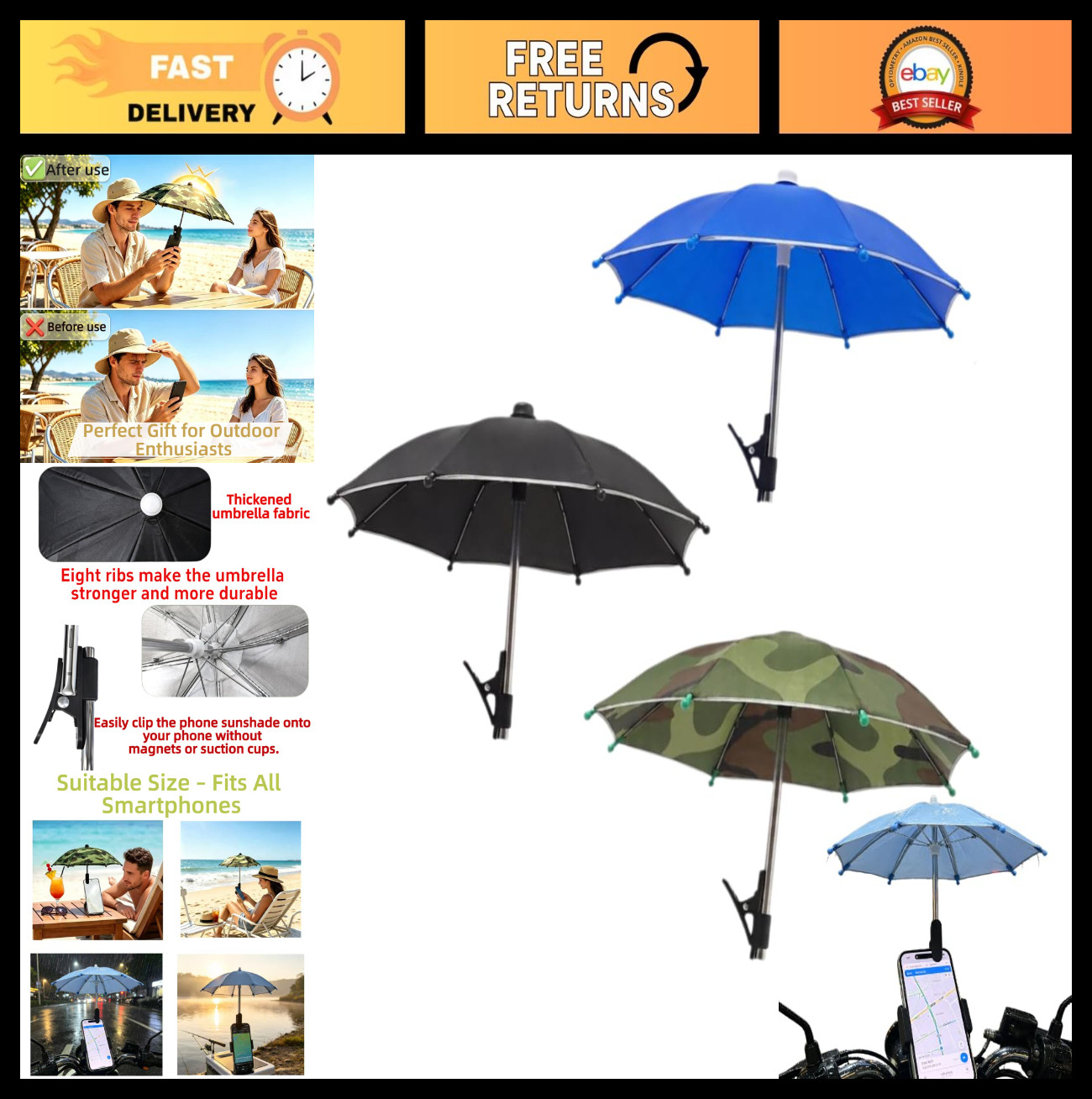3 Pack Portable Phone Umbrella - Adjustable Clip Sun Shade for Smartphones, Rain
