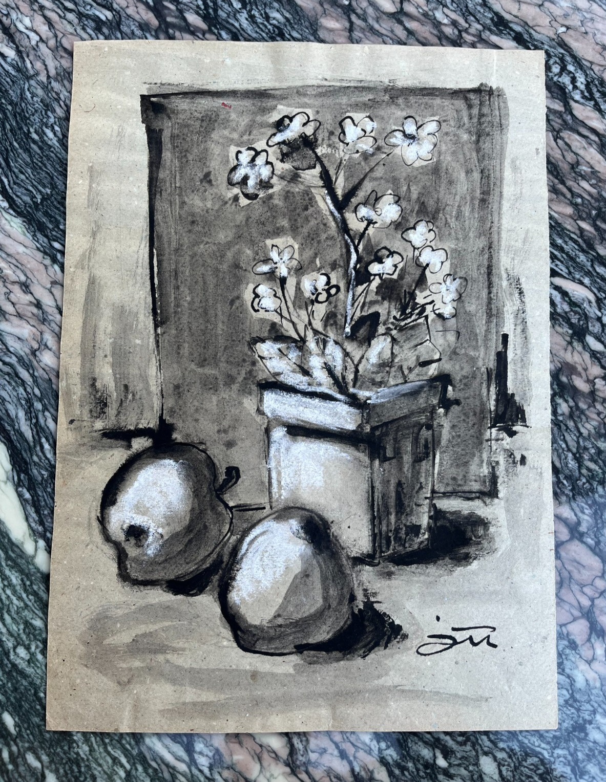 (EH3006), original Watercolour, still life, Hans Jurk, "Apple & Flower Pot" Berlin 1974