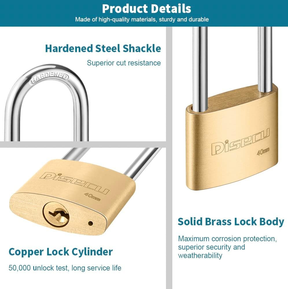 Solid Brass Padlocks 2Pk Keyed Alike Long Shackle Waterproof Outdoor 40Mm