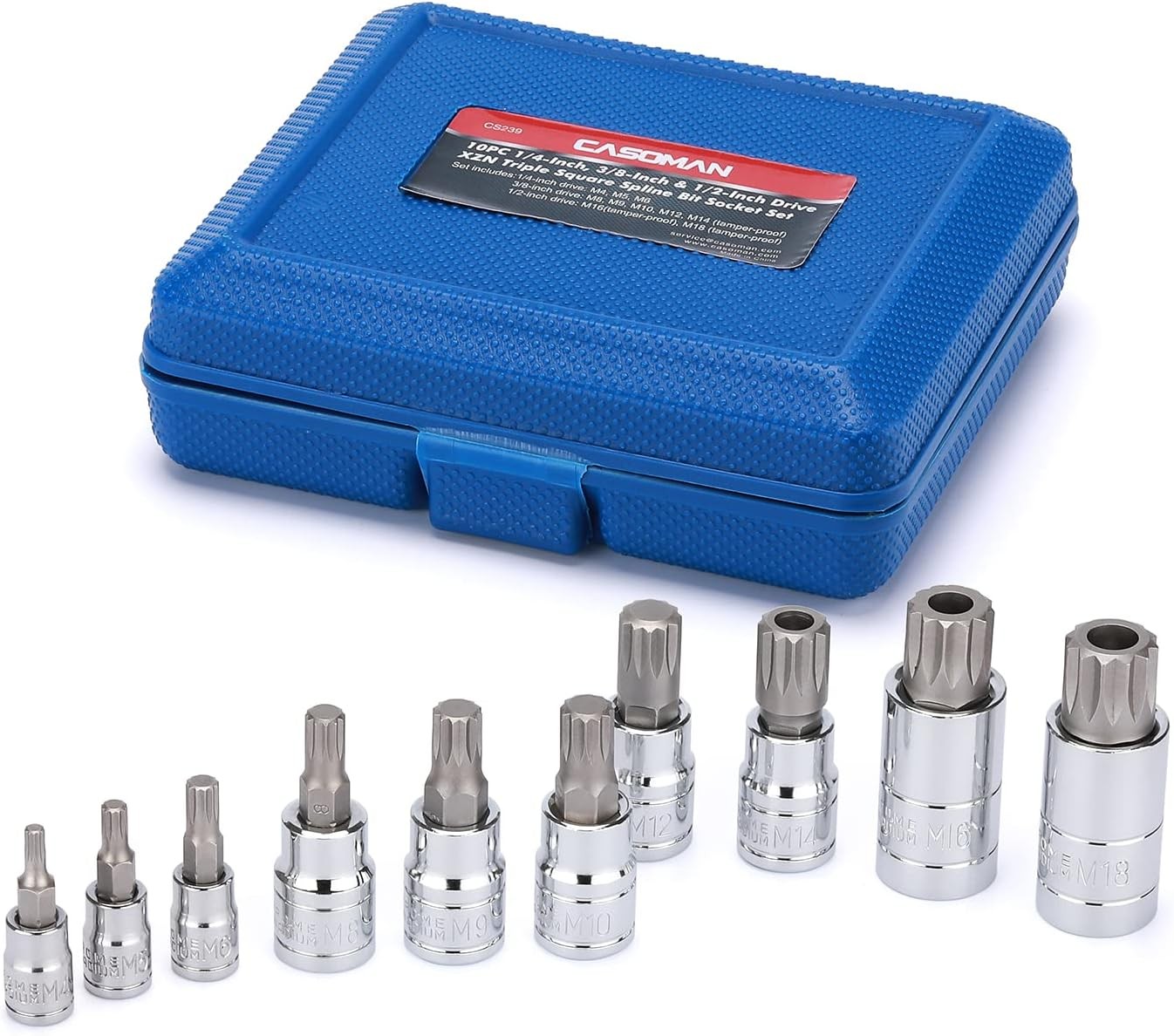 CASOMAN 10 Piece Spline Tip Bit Socket Set, M-Type, S2 and Cr-V One Size