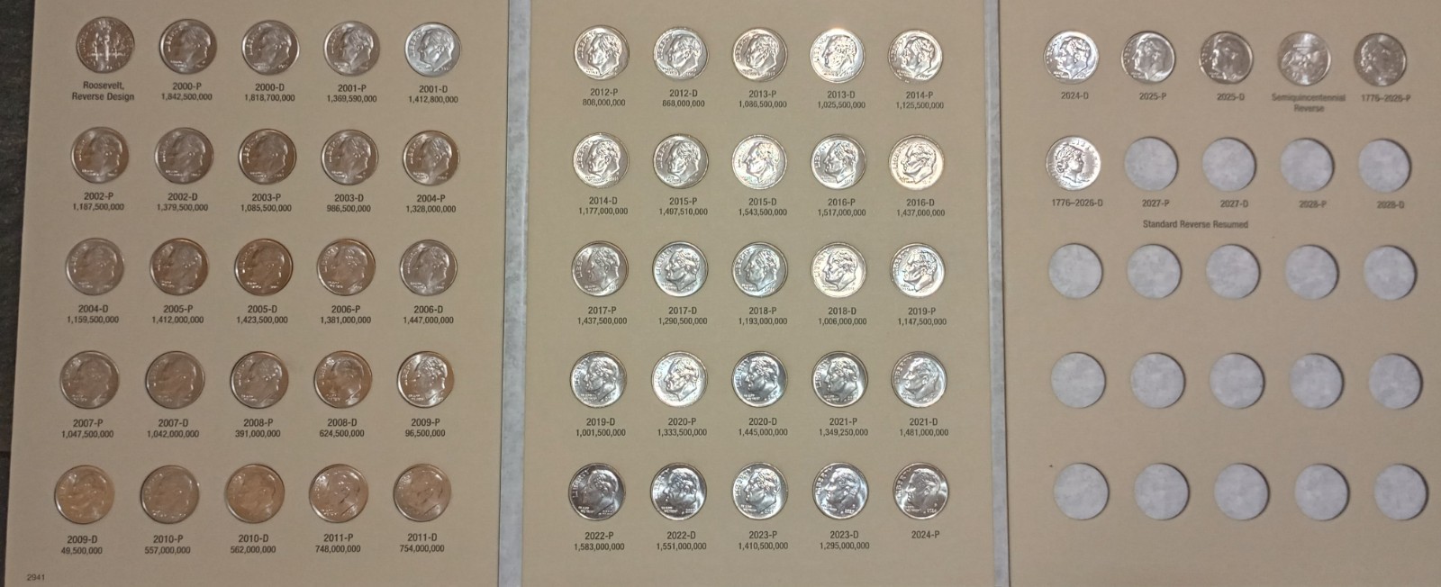 2000-2026 P&D ROOSEVELT DIMES COMPLETE  BU UNCIRCULATED New H.E. Harris Folder!