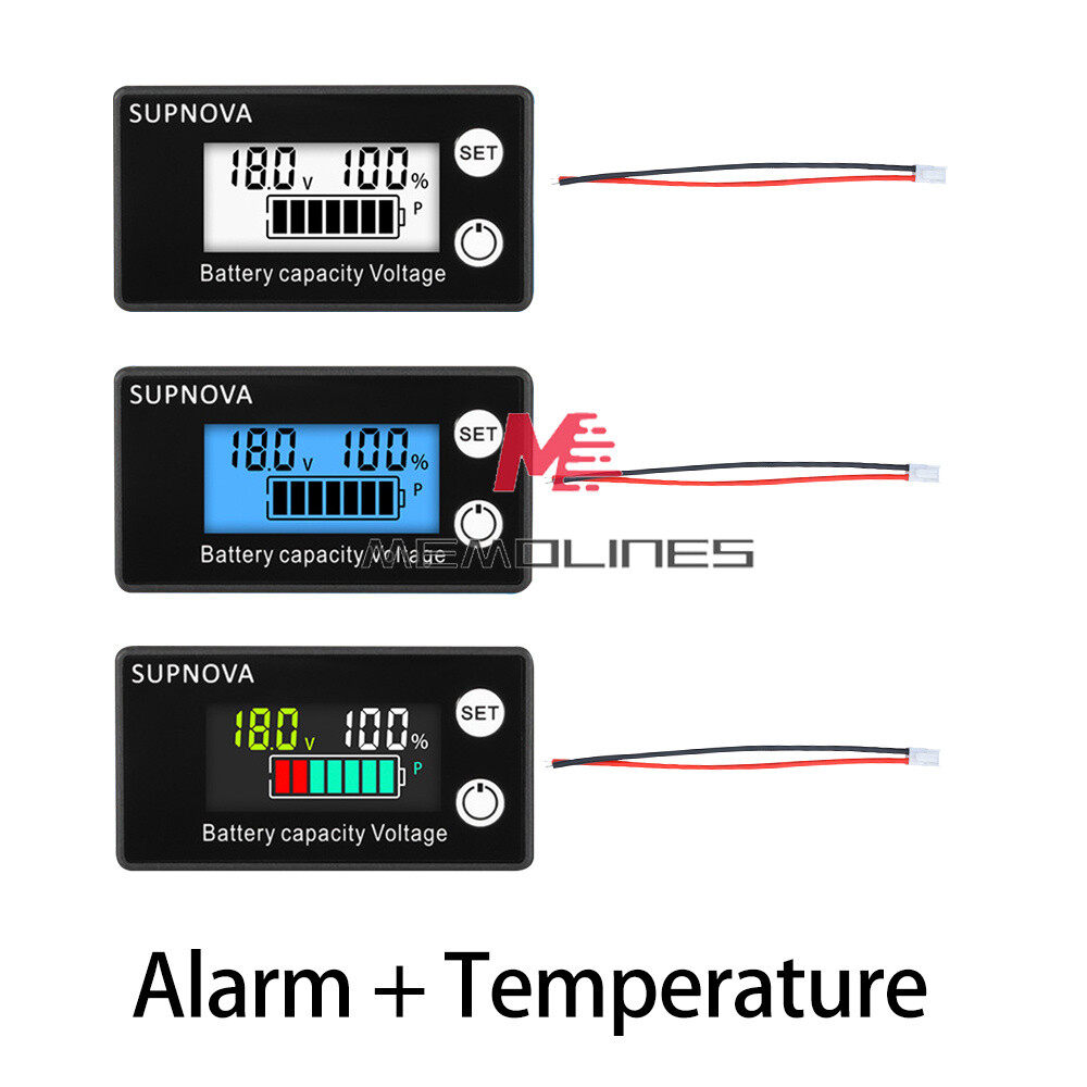 DC8-100V Digital LCD Voltmeter Battery Capacity Indicator W/ Alarm Temperature