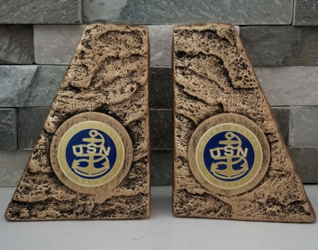 USN UNITED STATES NAVY Set of Gold Bookends USN Full Color Emblems