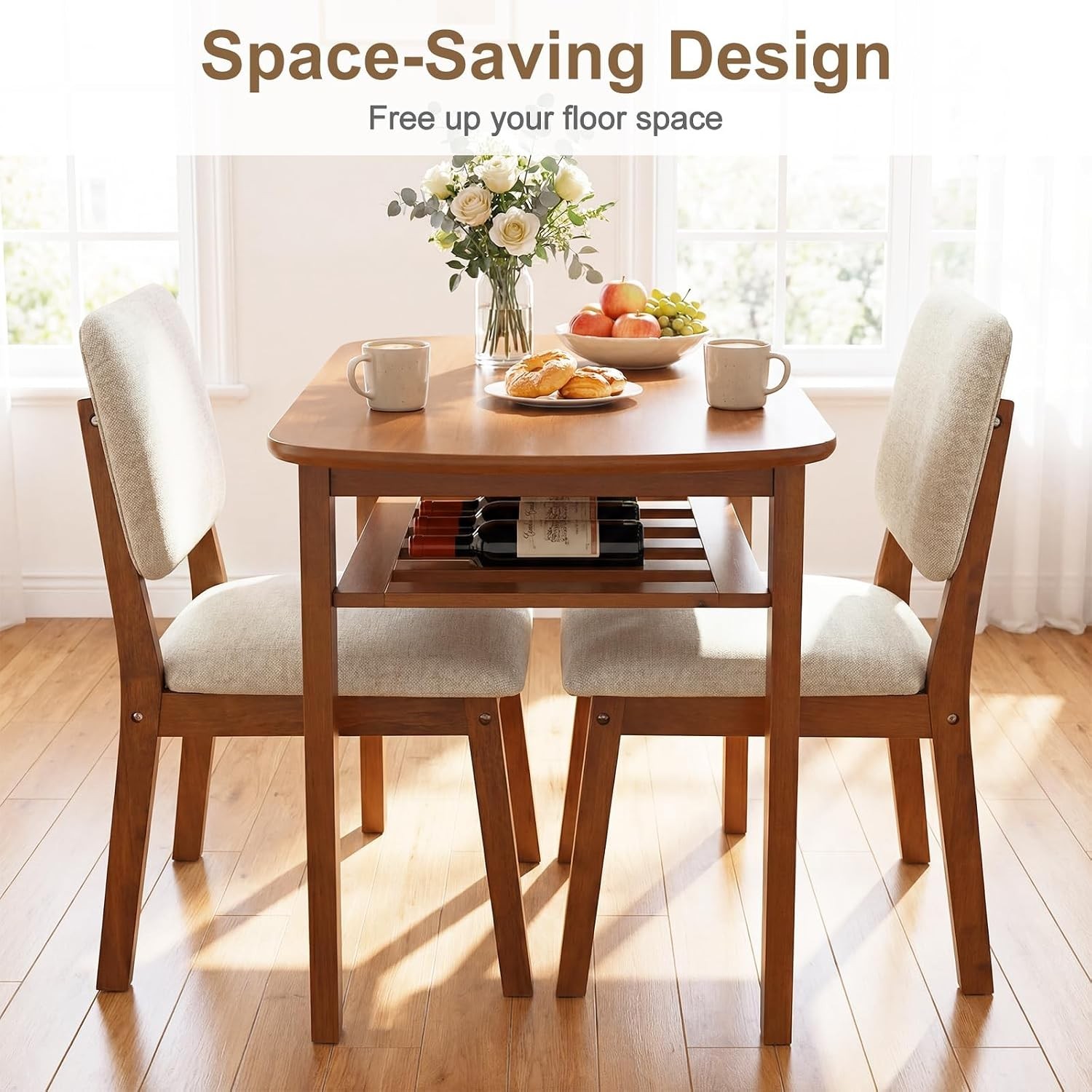 Dining Table Set 2 Space Saving Kitchen Table & Chairs Set w/Rubber Wood Frame