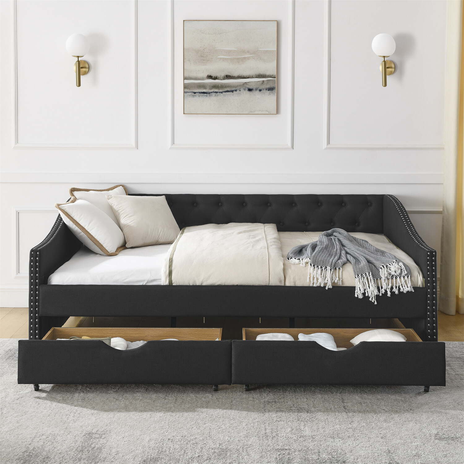 Full Size Daybed Upholstered Bed Frame Sofa Bed w/ 2 Storage Drawer US