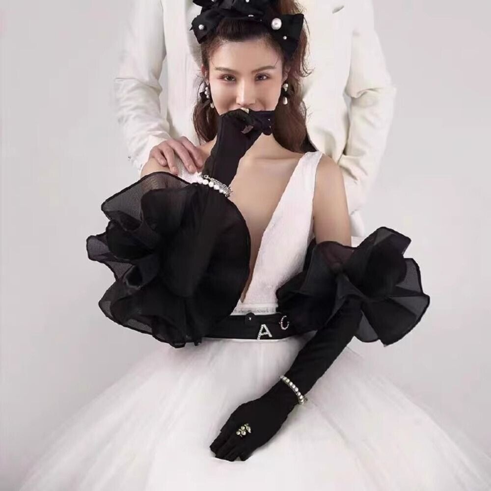 Elastic Organza Flower Long Gloves Etiquette Gloves  Bridal Wedding Party Dress