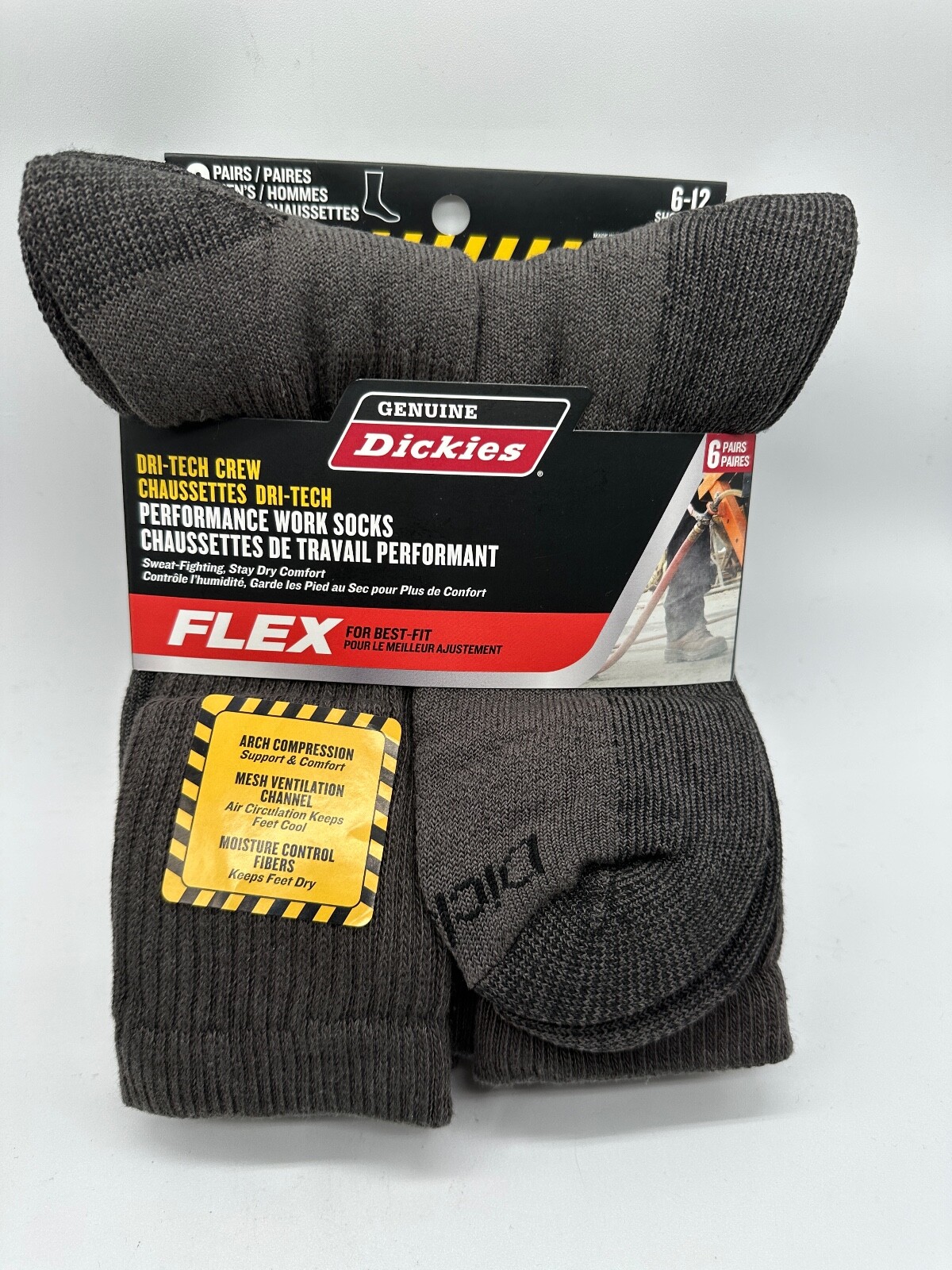 NEW 6 PAIR PACK DRI-TECH CREW GENUINE DICKIES MENS FLEX PERFORMANCE WORK SOCKS
