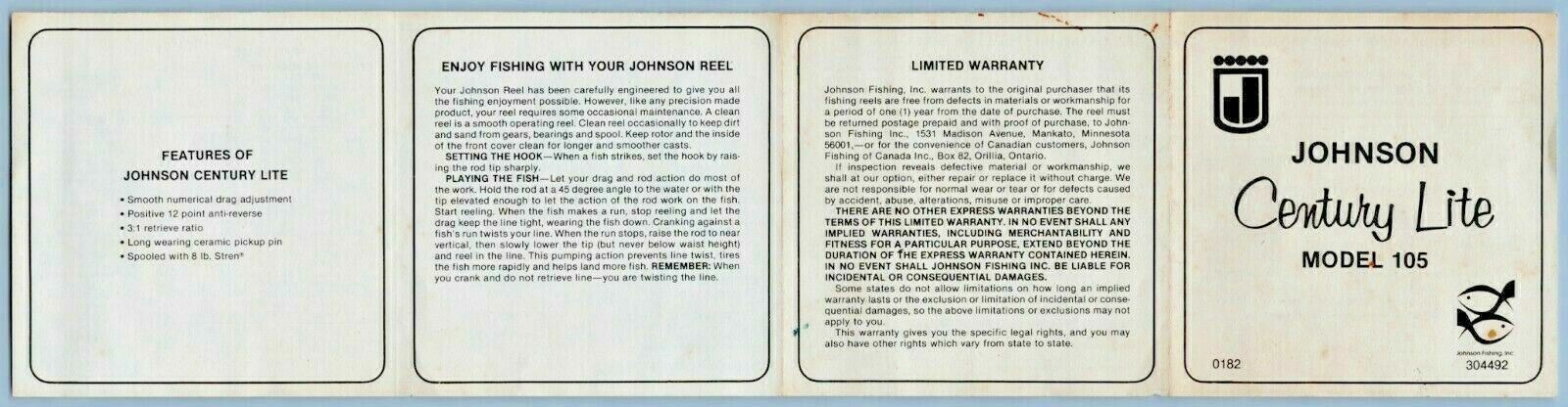 Johnson Century Lite Model 105 Reel Old Fishing Reel Manual Parts List R11