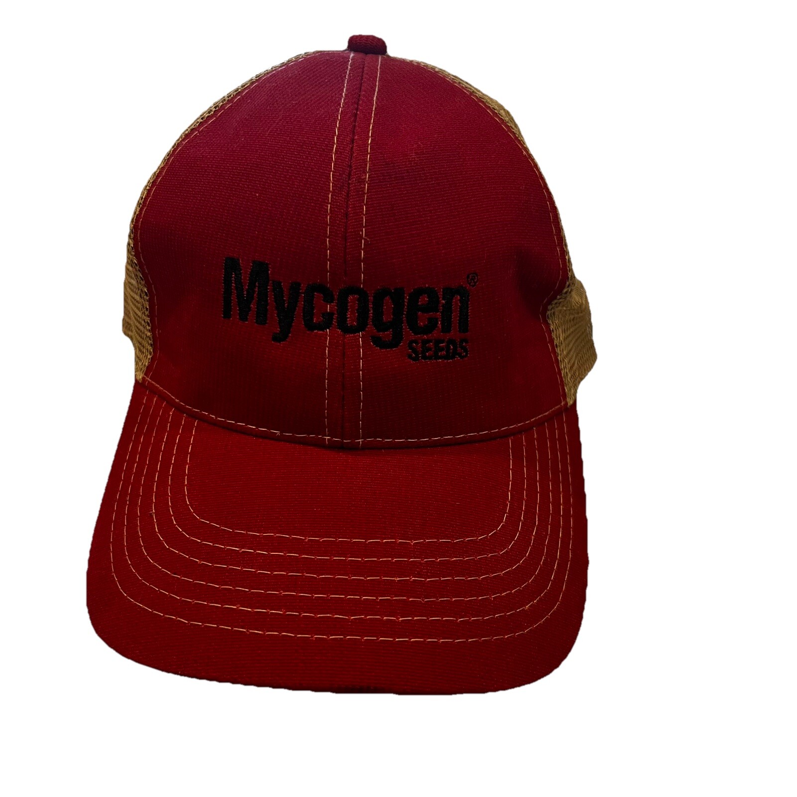 Mycogen Seed in Black on Red Gray Mesh Trucker Hat Cap Hook Loop EUC