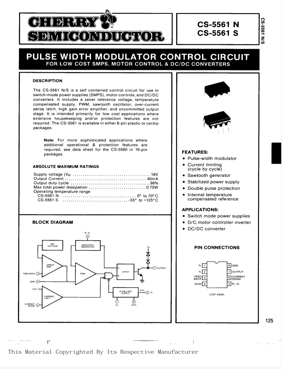 2 PCS CS5561 CHERRY SEMICONDUCTOR Switched Mode Power Supply Control IC DIP8 NOS