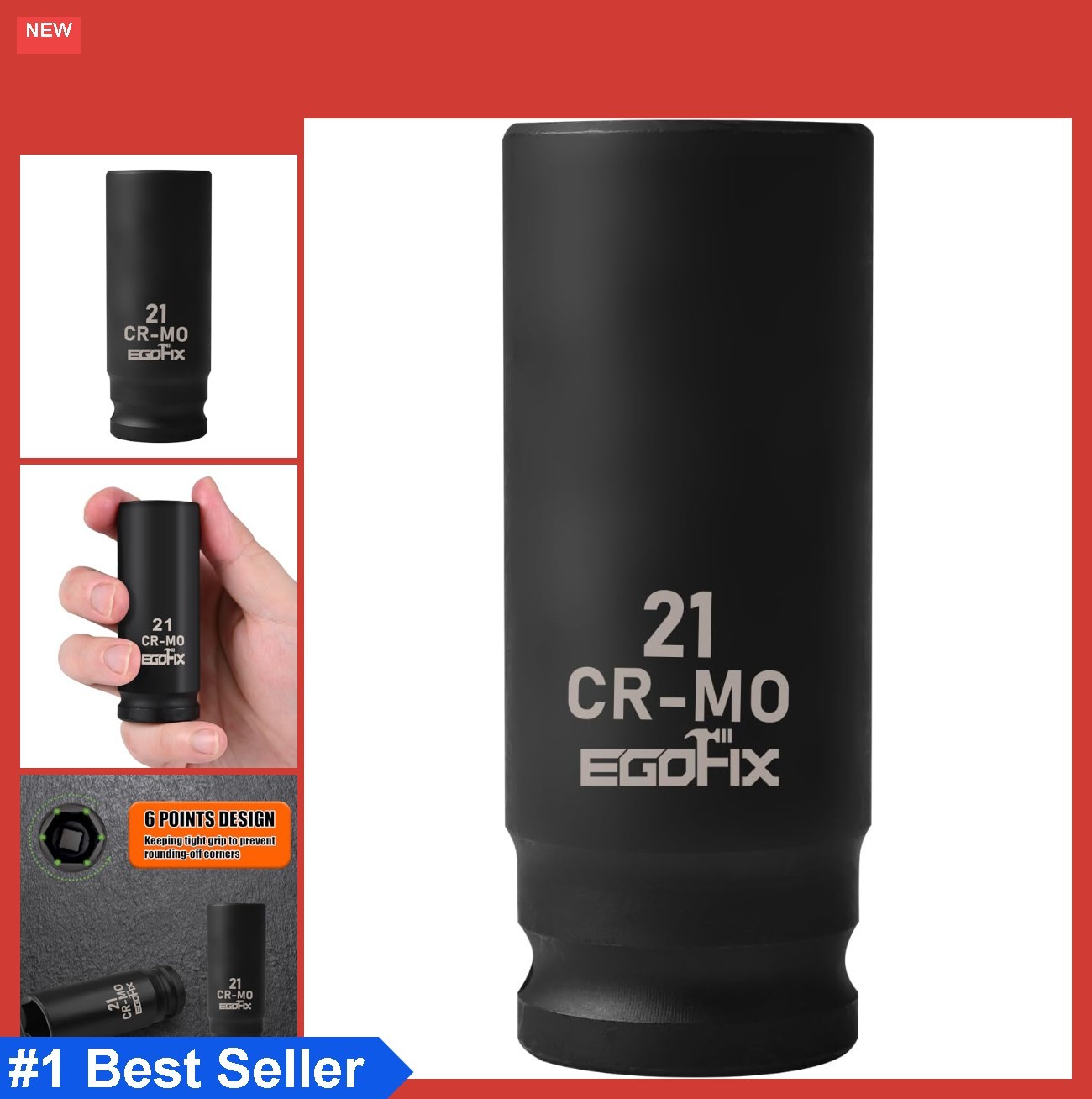 EGOFIX 1/2" Drive Deep Impact Socket, 21mm CR-MO, 21mm,