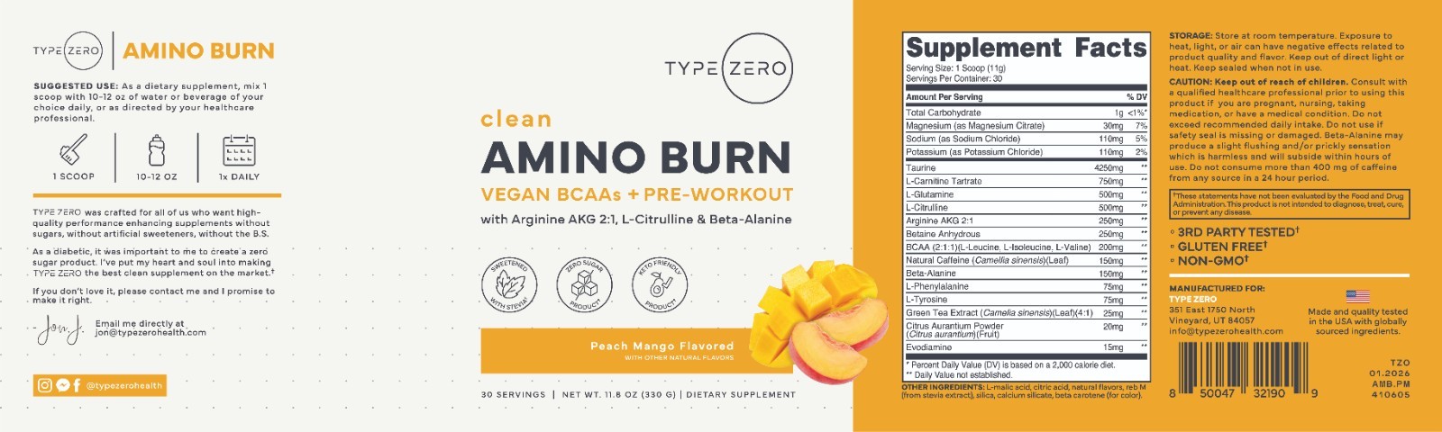 Type Zero Amino Burn (Peach Mango) 30 Servings - Pre Workout with Vegan BCAAs