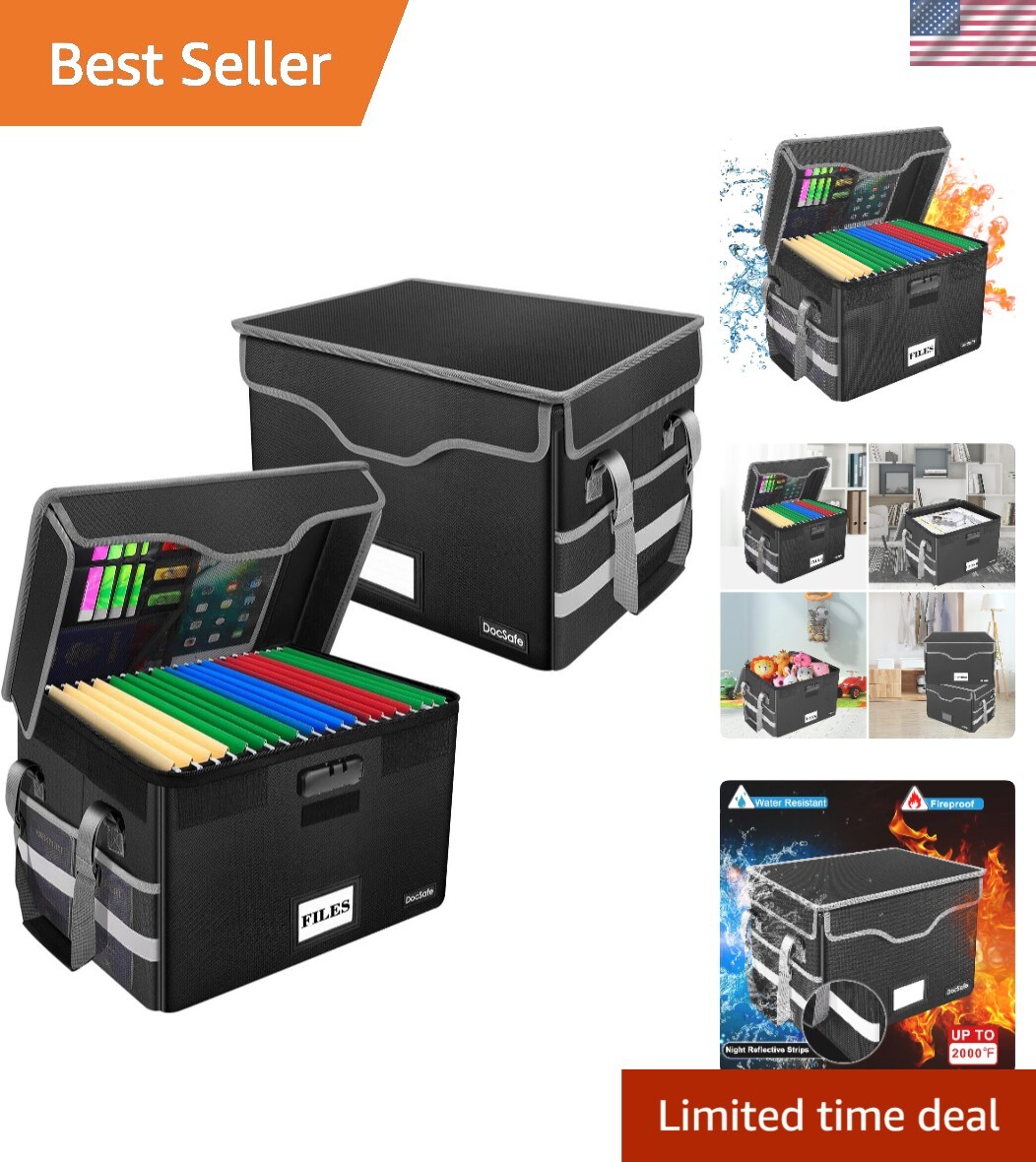 Durable Fireproof Document Box with Adjustable Handle - 2 Pack for Easy Access