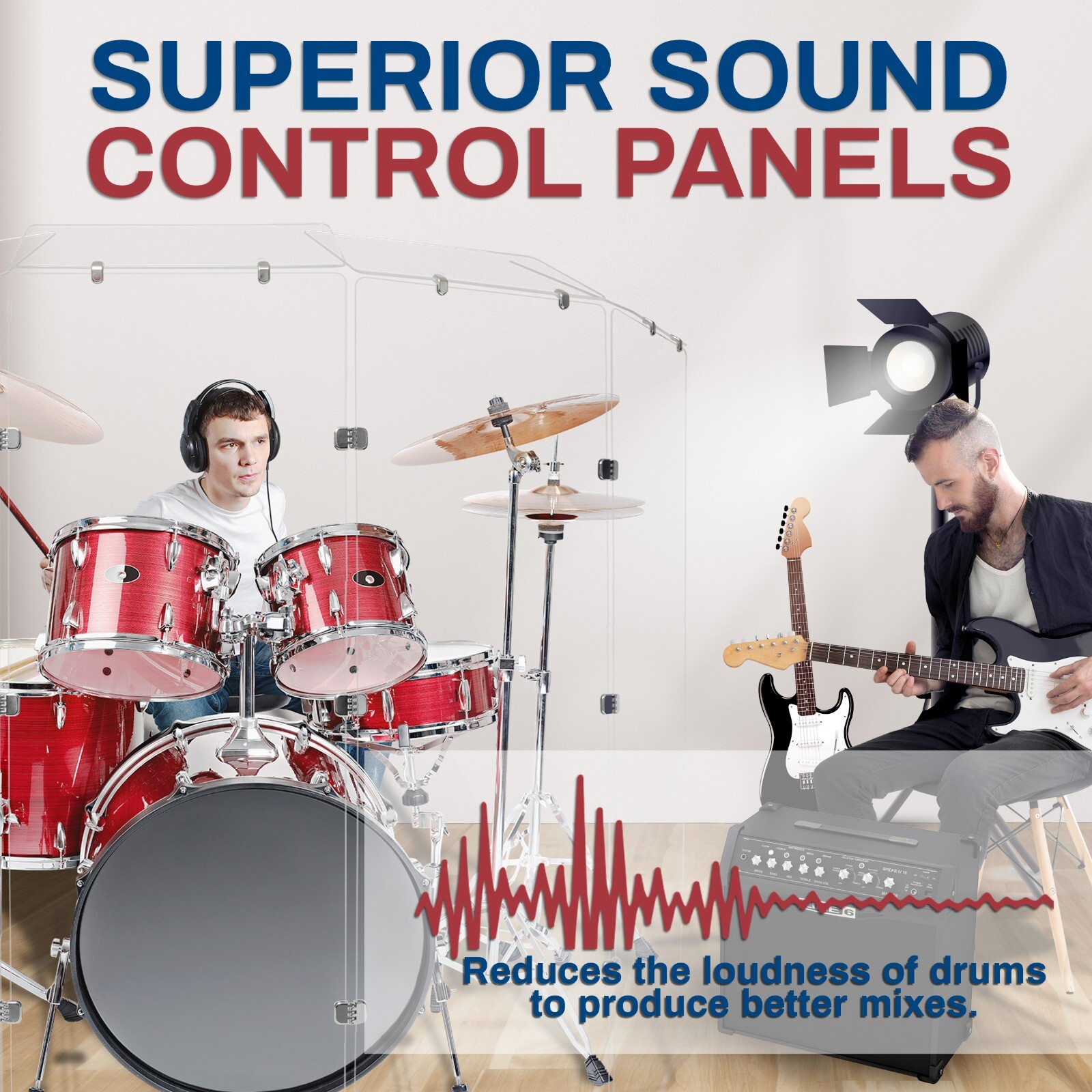 Drum Shield - 2 ft x 5.5 ft Drum Screen 5 Panels w/ Chrome Hinges and Deflectors