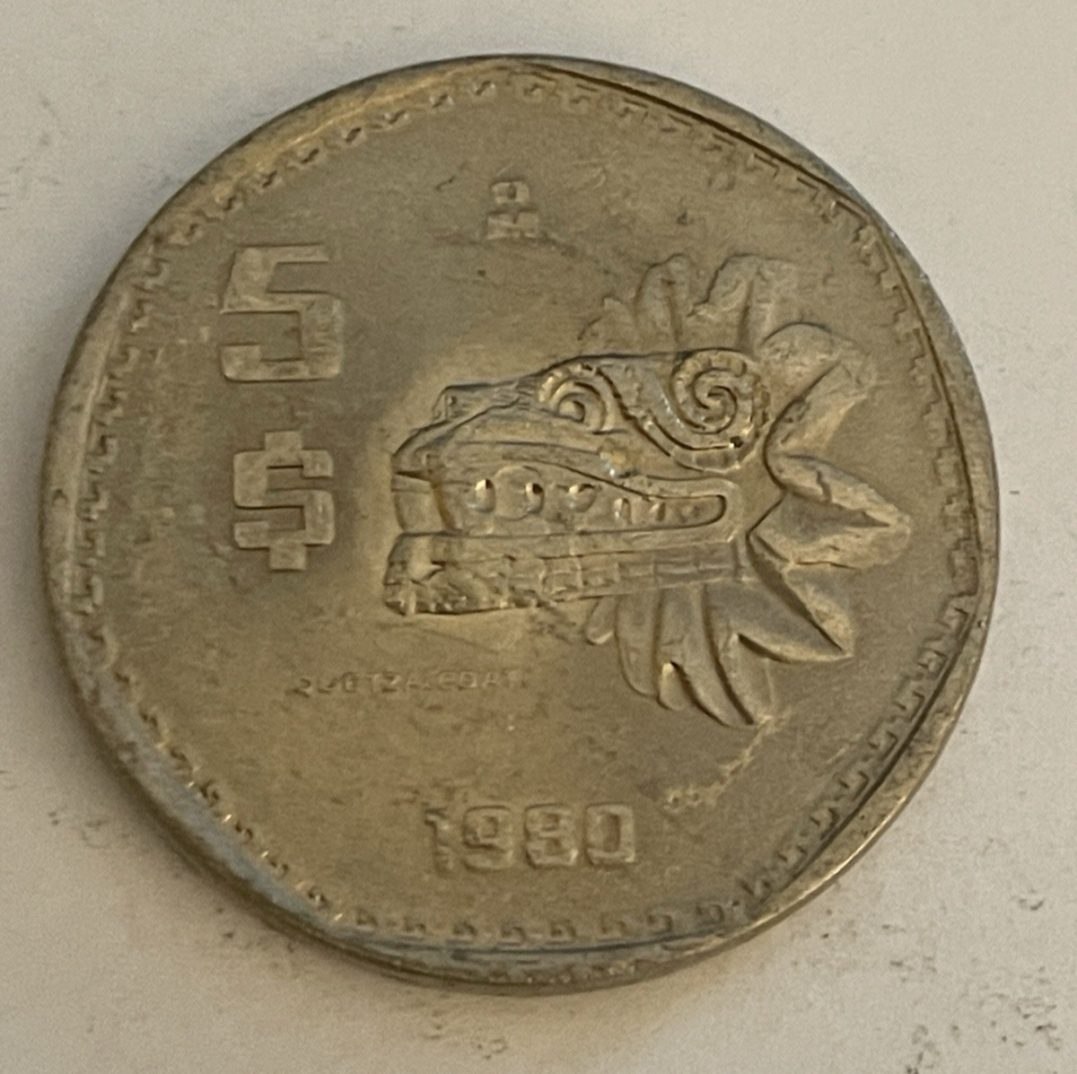 1980 Mexico 5 Pesos Mexican Quetzalcoatl Coin Mexico Cinco Pesos Coin