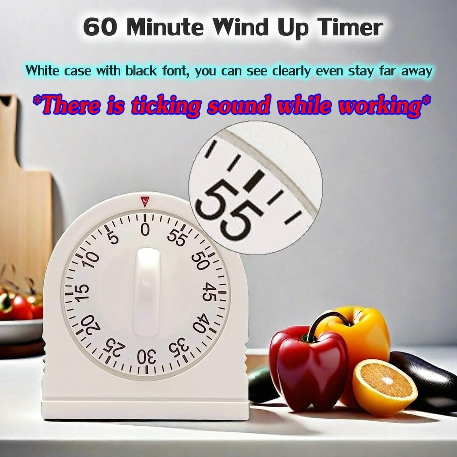 60 Minute Wind Up Timer Mechanical Visual Loud Alarm White Kitchen Study New USA