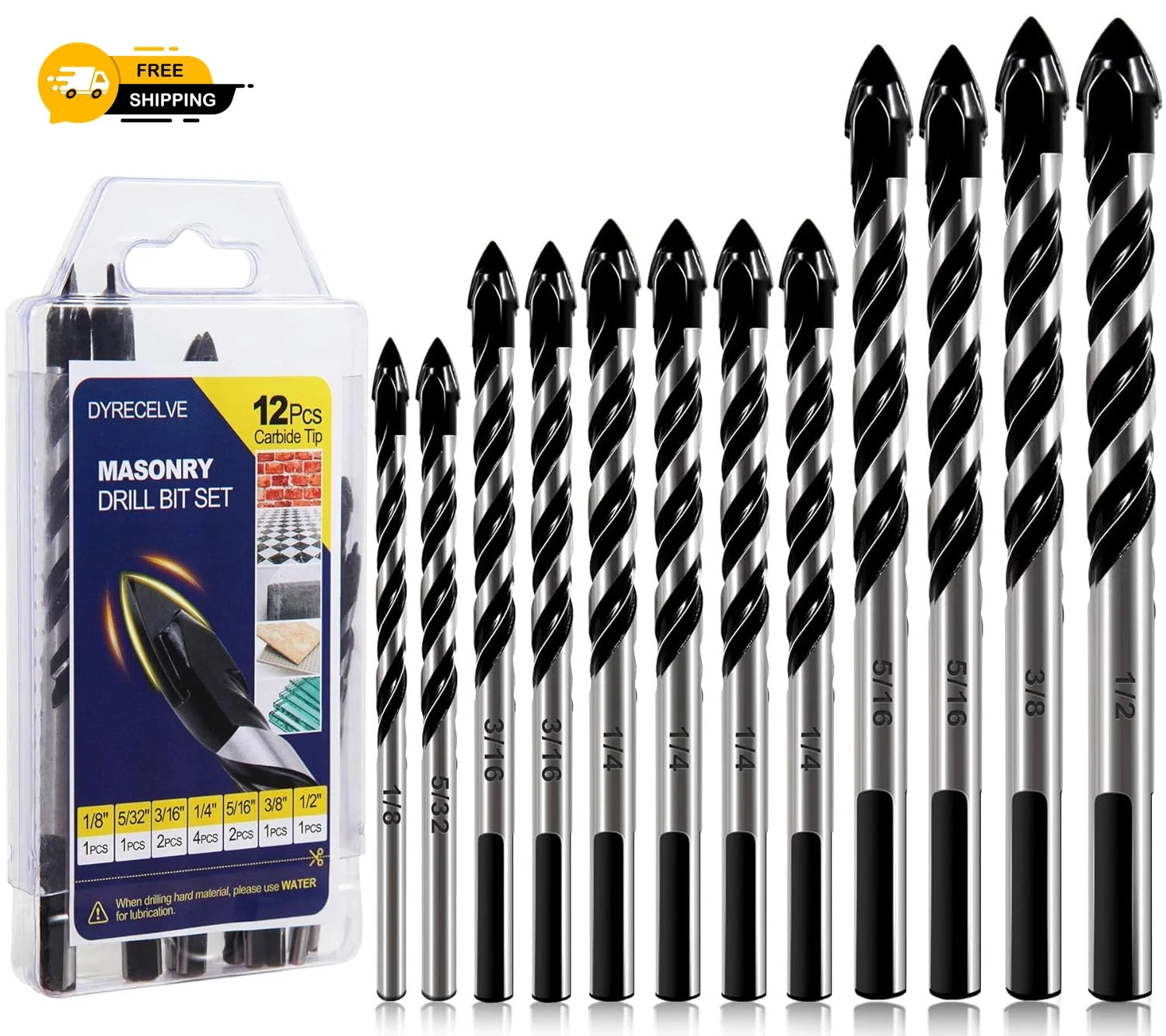 12-PCS Masonry Drill Bit Set & Concrete Drill Bit Set, 1/8 to 1/2 inch