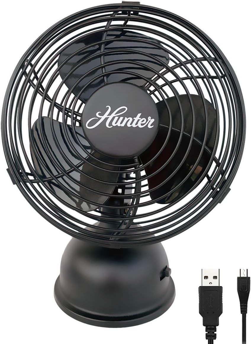 Hunter 90514 Retro USB Desk Fan 5" Oscillating Matte Black Personal Mini Fan