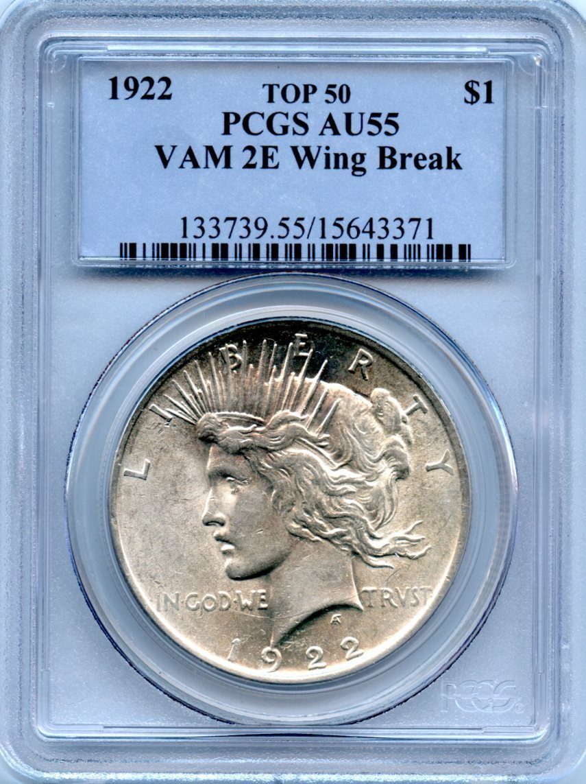 C5058- 1922 VAM-2E WING BREAK TOP 50 PEACE DOLLAR PCGS AU55