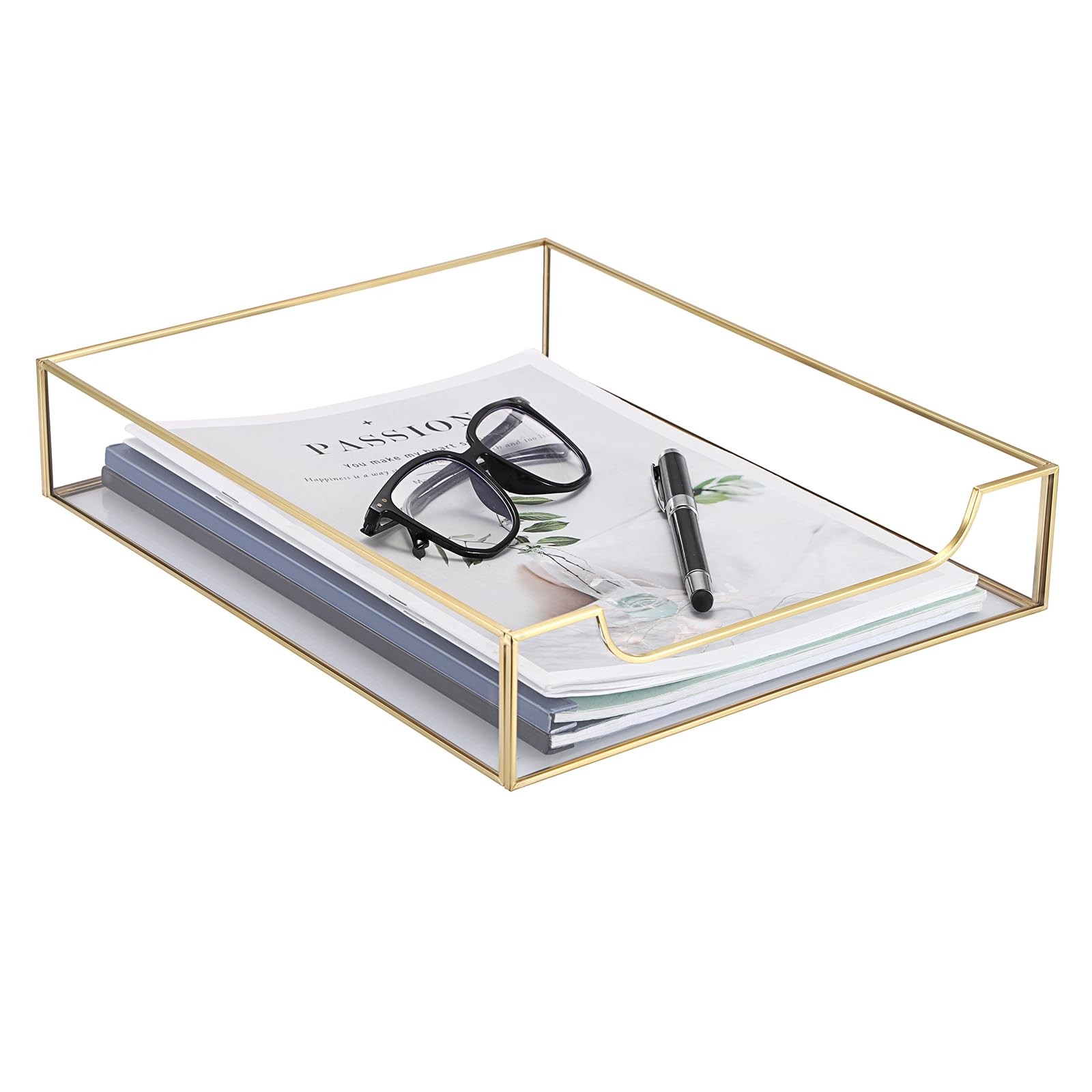 1 Pack Golden Glass Desk Tray, Multi-Purpose Organizer for A4 , Documents, De...