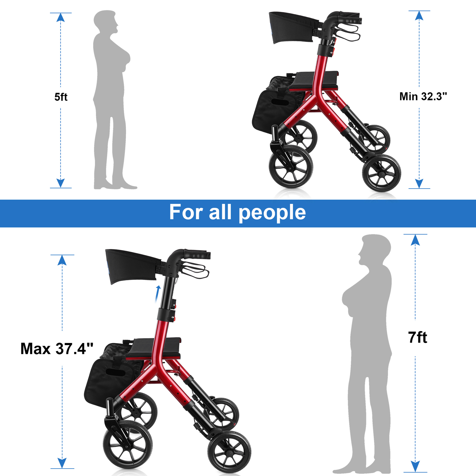 Heavy Duty Folding Rolling Wide Seat Rollator Walker With 10” front wheels 300lb