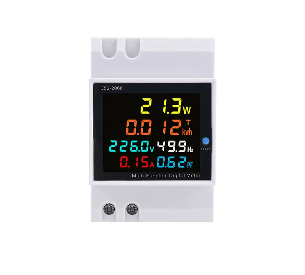 D52-2066 6IN1 DIN Rail AC Power Meter 100A 110-380V kWh Energy Monitor V A Hz PF