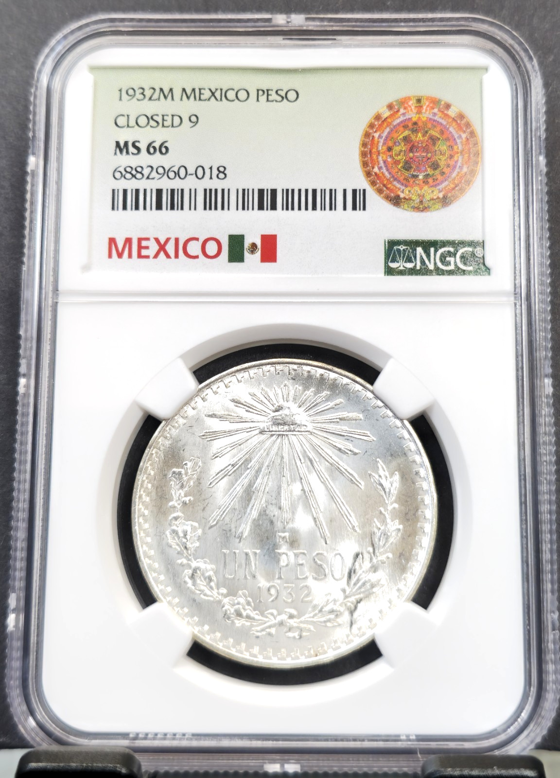 1932 MEXICO SILVER 1 PESO CLOSED 9 NGC MS 66 RARE GEM BU VARIETY