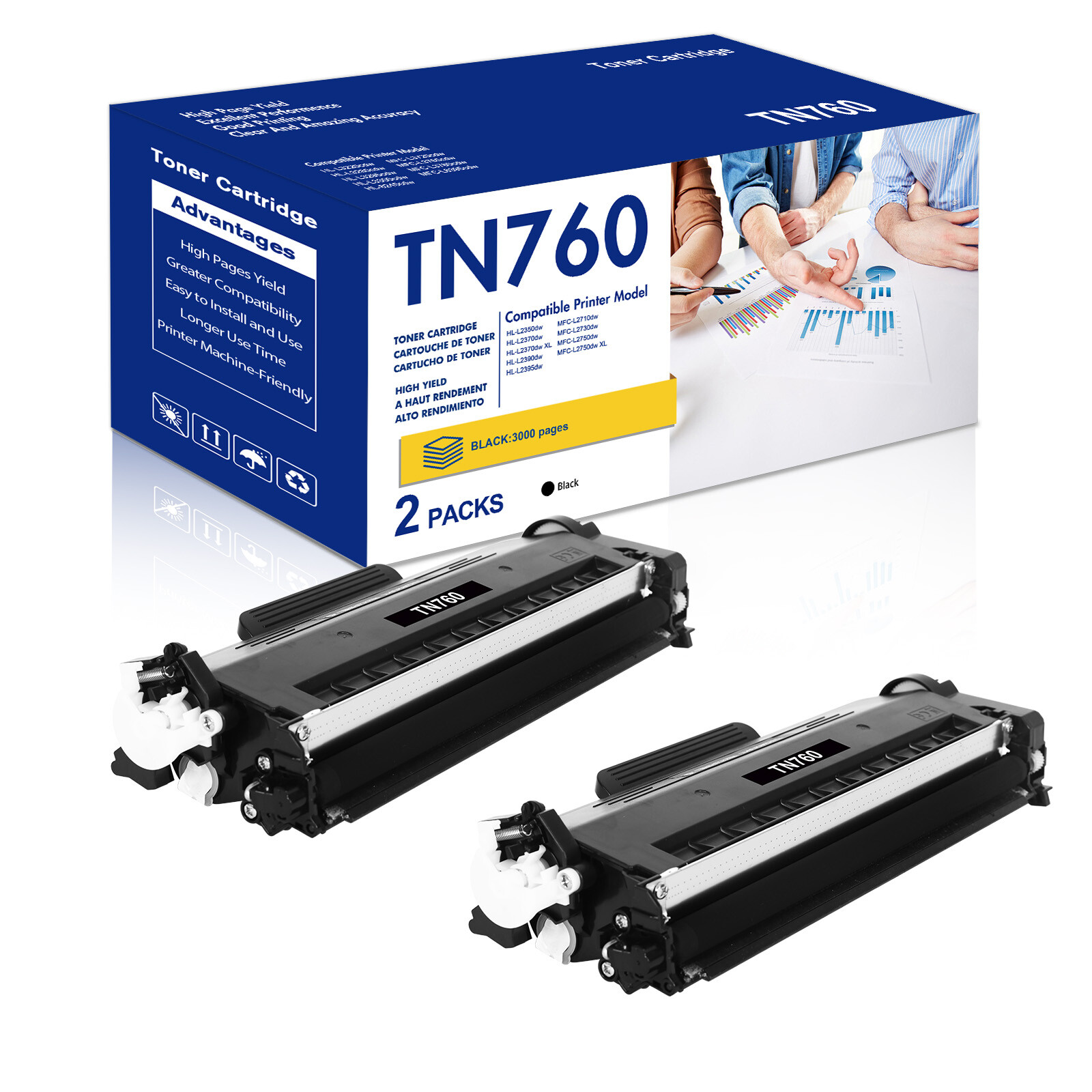 2PK TN760 Toner Compatible with Brother MFC-L2710DW L2710DW HL-L2390DW L2750DW