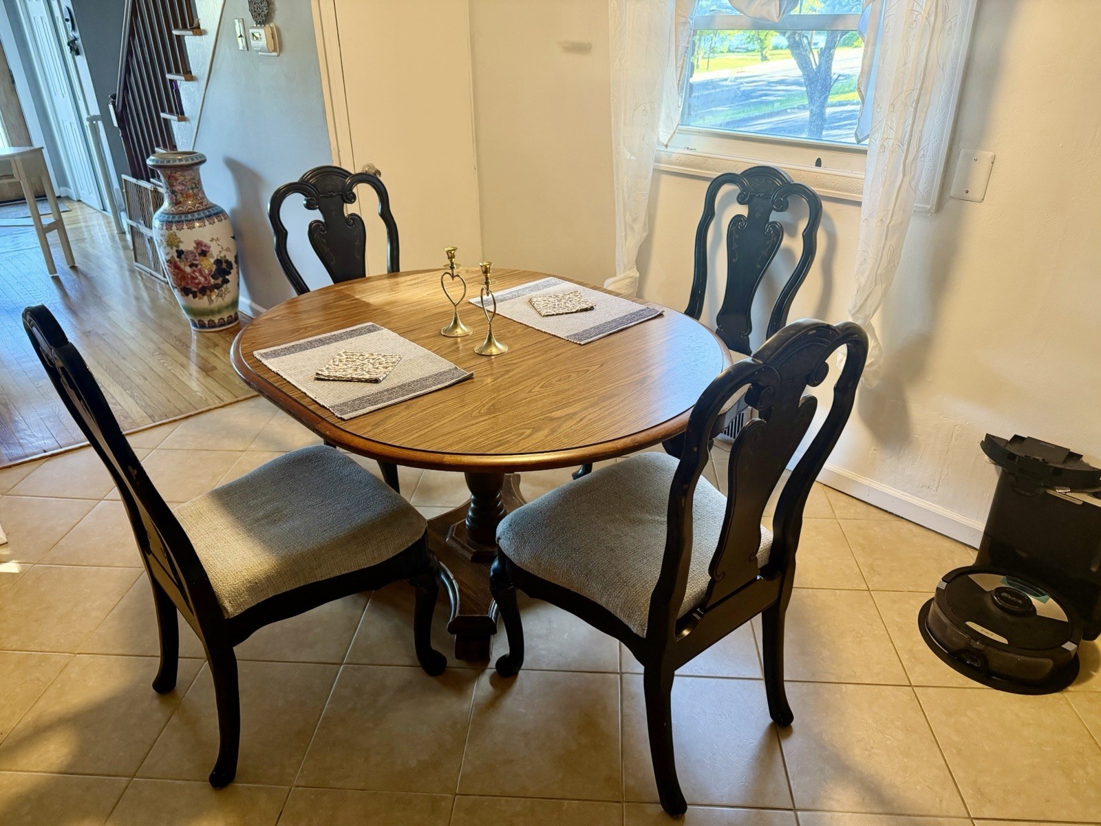 Oval Pedestal Wood Dining Table Set w/ 4 Upholstered Chairs, Brown/Black