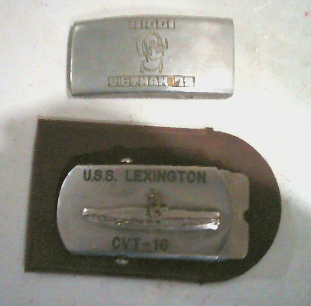 2 Miltary Buckles. (USS Lexington CVT-16) & (Mr. Zig Zag Vietnam 72)
