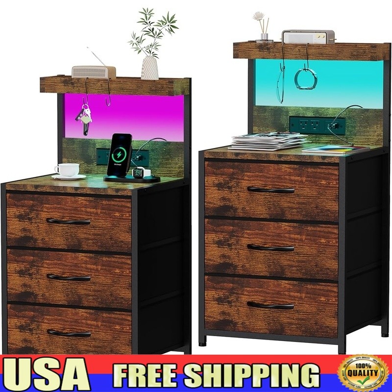 LED Light Strip Charging Nightstand W/ Storage Drawers & Hooks Easy Assembly New